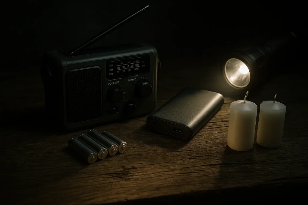 Noodvoorraad bij stroomstoring: radio, powerbank, zaklamp, batterijen en kaarsen op houten tafel in het donker.