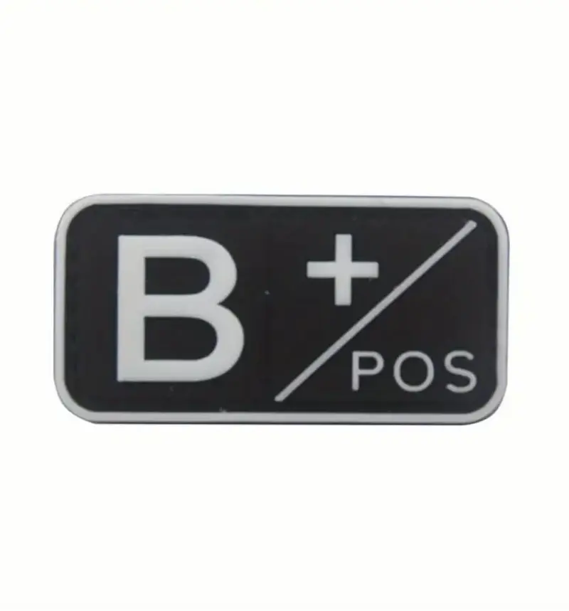 PVC bloedgroep patch B+ met klittenband – zwart grijs wit – 5x2,5 cm