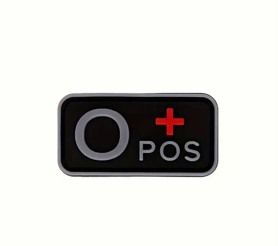 PVC bloedgroep patch O+ met klittenband – zwart grijs rood – 5x2,5 cm